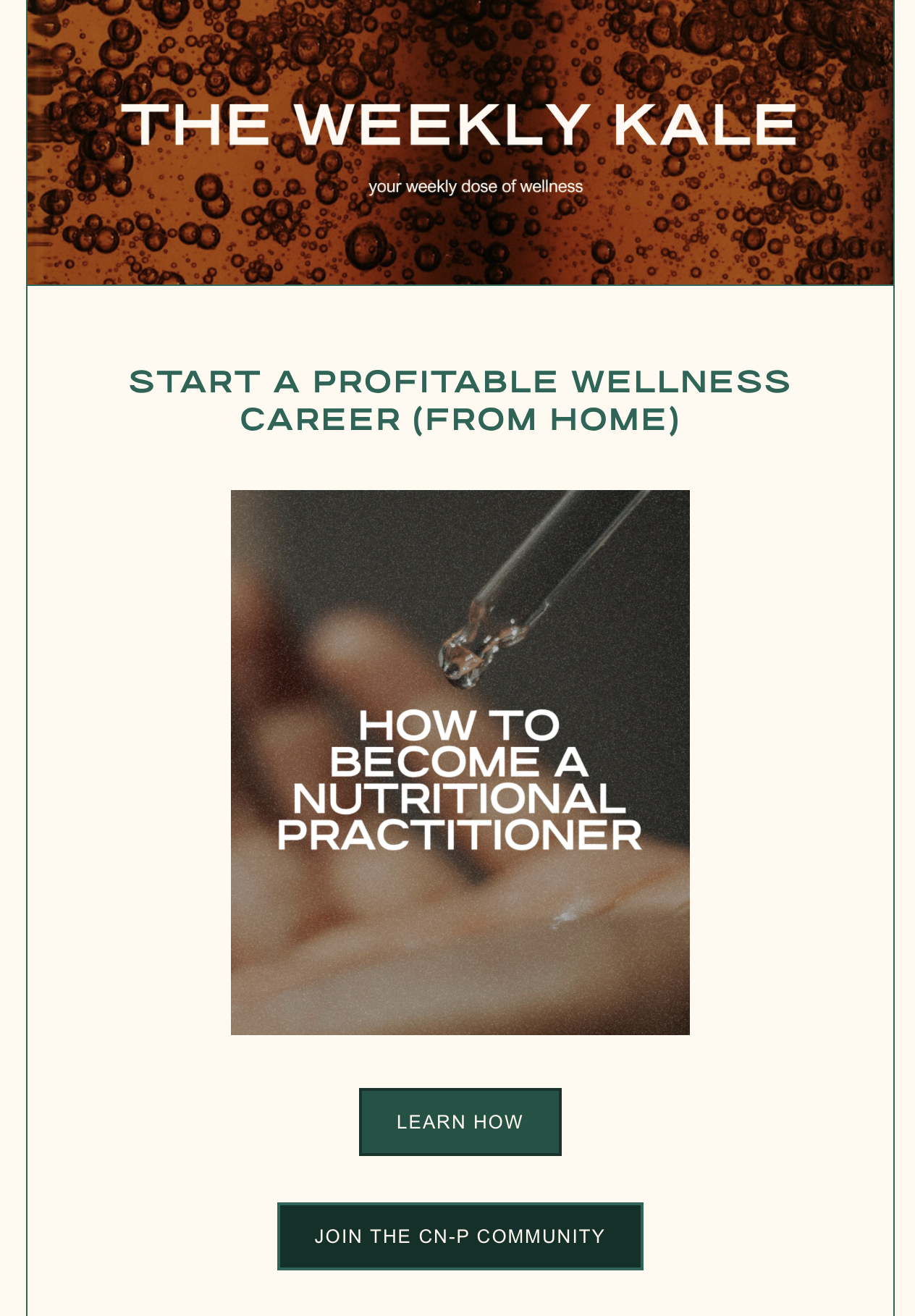 Kale Health weekly newsletter promoting a nutritional practitioner career course