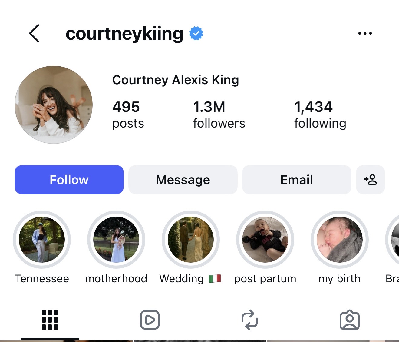 Instagram profile of Courtney Alexis King, @courtneykiing, showing 1.3M followers