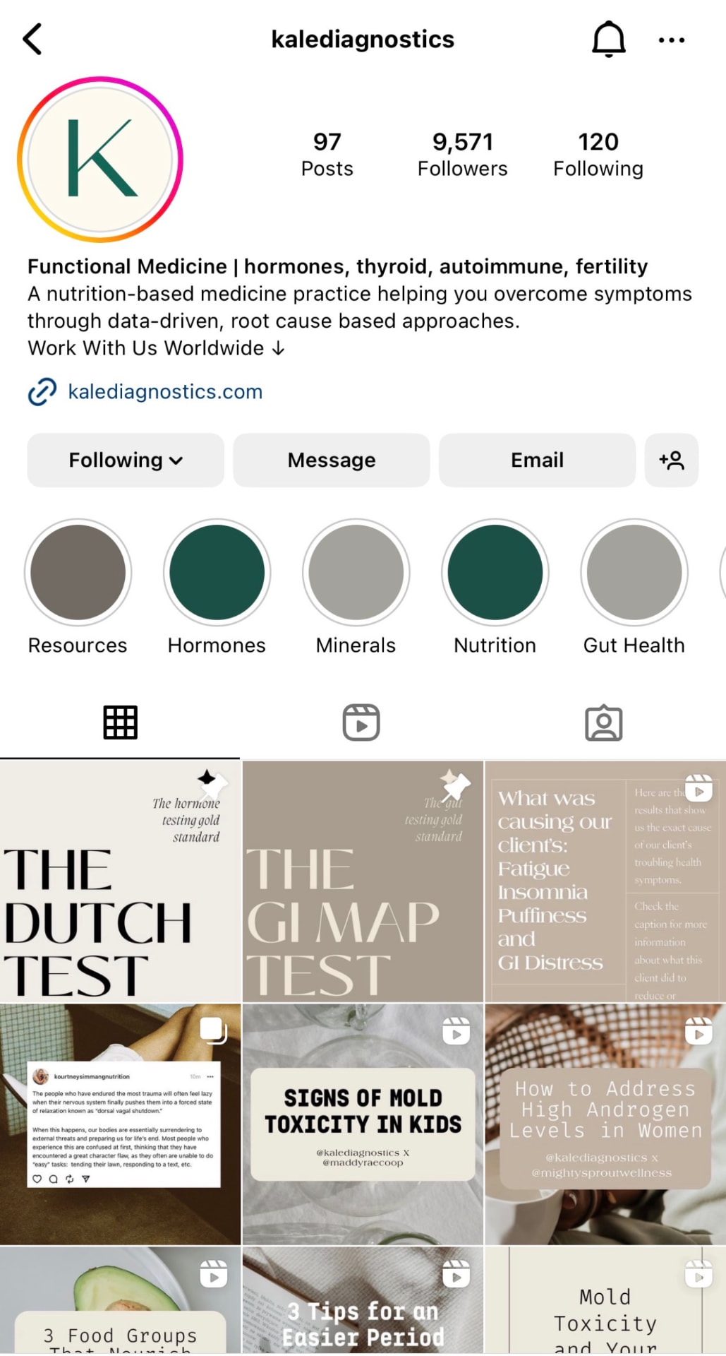 Kale Diagnostics Instagram profile from 2023 with a green K logo, 9,571 followers, and a grid of beige and cream posts