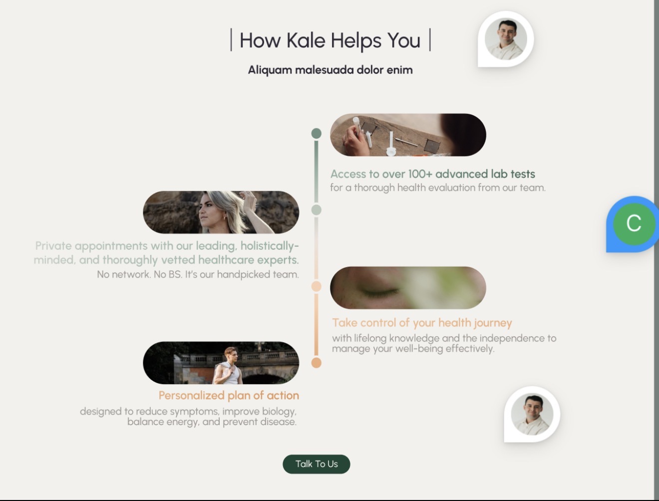 Figma design of a Kale website section titled How Kale Helps You, with a vertical timeline and rounded photos