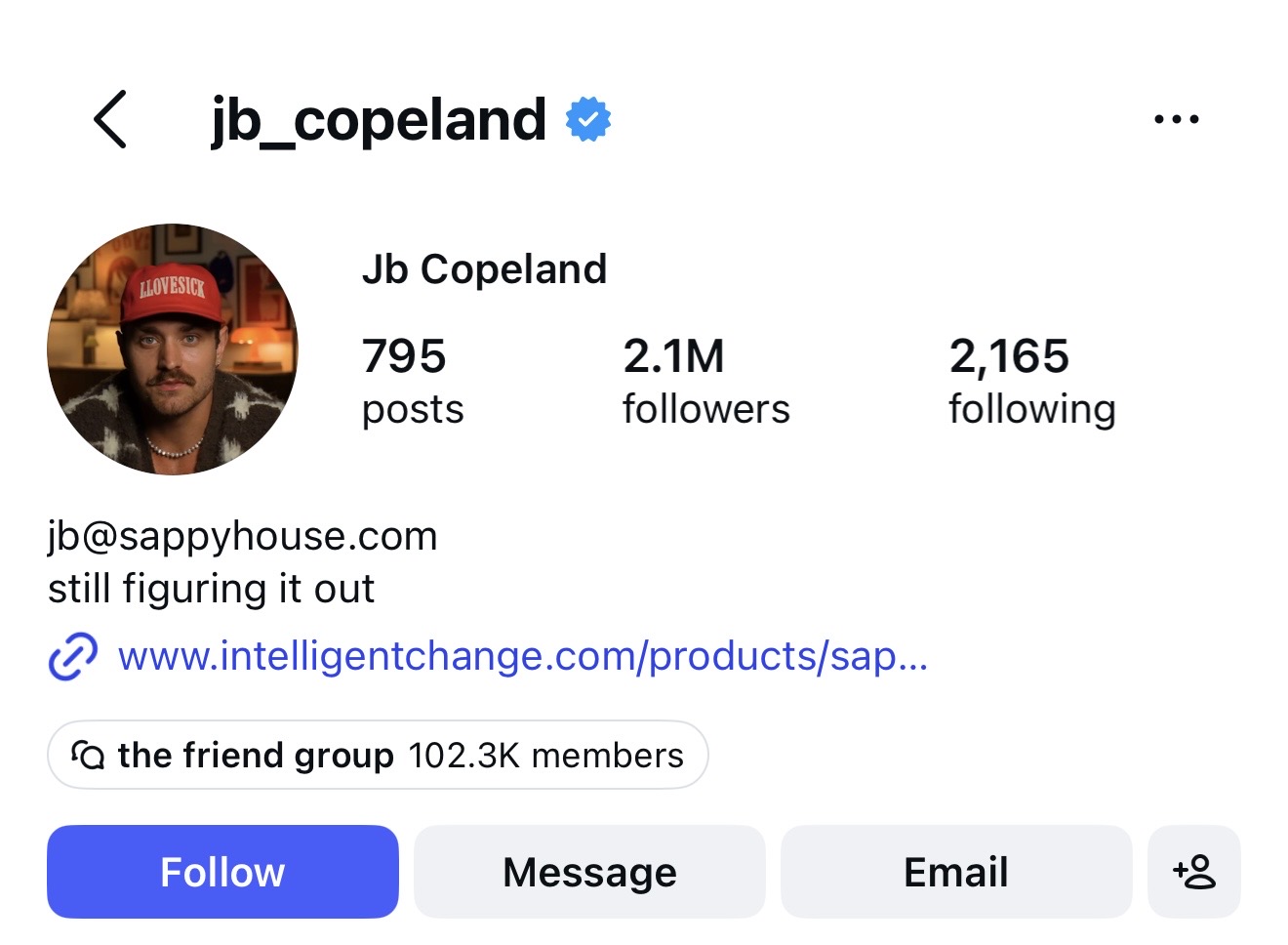 Instagram profile of JB Copeland, @jb_copeland, showing 2.1M followers